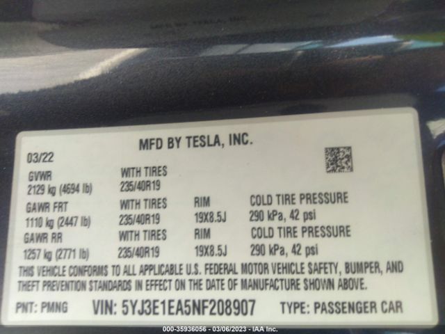 5YJ3E1EA5NF208907 Tesla MODEL 3