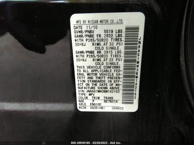 2011 INFINITI FX35 VIN: JN8AS1MW3BM142152
