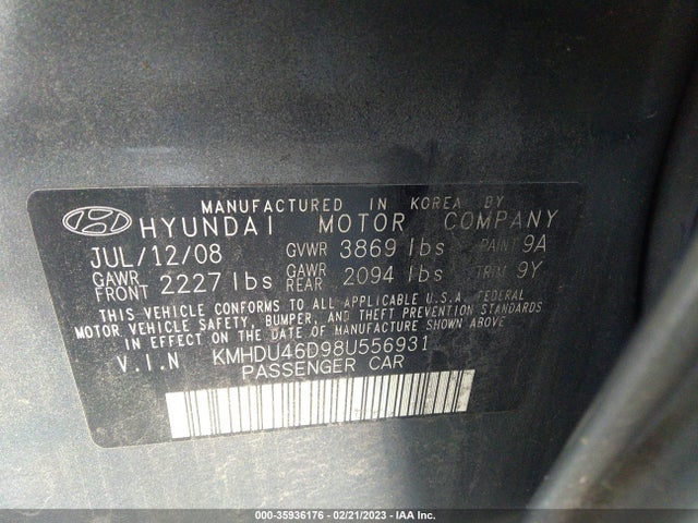 2008 HYUNDAI ELANTRA GLS/SE VIN: KMHDU46D98U556931