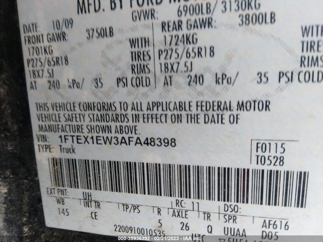 2010 FORD F-150 XL/STX VIN: 1FTEX1EW3AFA48398
