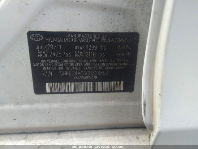 2012 HYUNDAI SONATA GLS VIN: 5NPEB4AC6CH326652