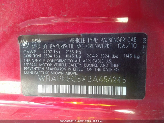 2011 BMW 3 SERIES 328I XDRIVE VIN: WBAPK5C5XBA656245
