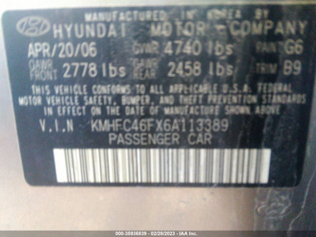 2006 HYUNDAI AZERA SE/LIMITED VIN: KMHFC46FX6A113389