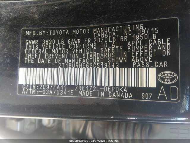 2016 TOYOTA COROLLA L/LE/S/S PLUS/LE PLUS VIN: 2T1BURHE6GC519443