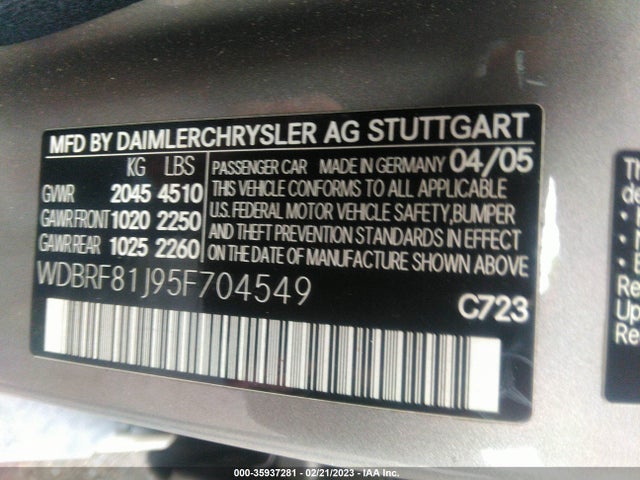 2005 MERCEDES-BENZ C-CLASS 2.6L VIN: WDBRF81J95F704549