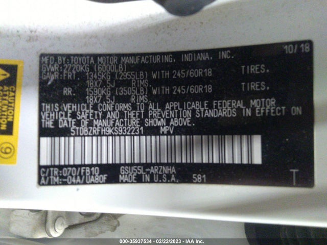Toyota Highlander 2019 5TDBZRFH9KS932231 Image 10