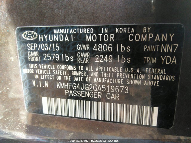2016 Hyundai Azera, VIN: KMHFG4JG2GA519673