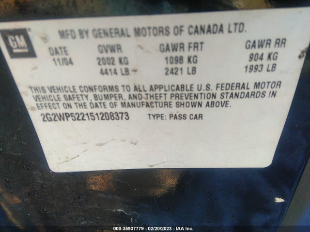 2005 PONTIAC GRAND PRIX VIN: 2G2WP522151208373