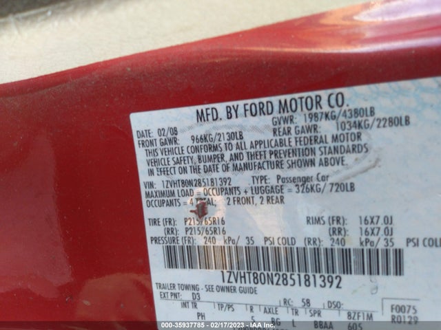 2008 FORD MUSTANG DELUXE/PREMIUM VIN: 1ZVHT80N285181392
