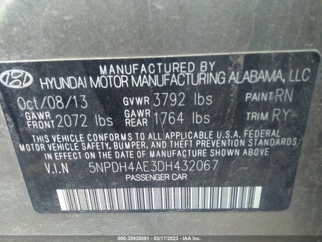 2013 HYUNDAI ELANTRA LIMITED VIN: 5NPDH4AE3DH432067