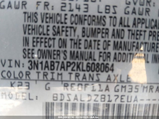 Nissan SENTRA SV 2019 3N1AB7AP2KL608064 Image 10