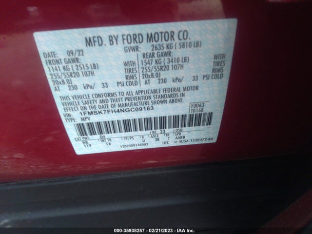 2022 Ford Explorer, VIN: 1FMSK7FH4NGC09163