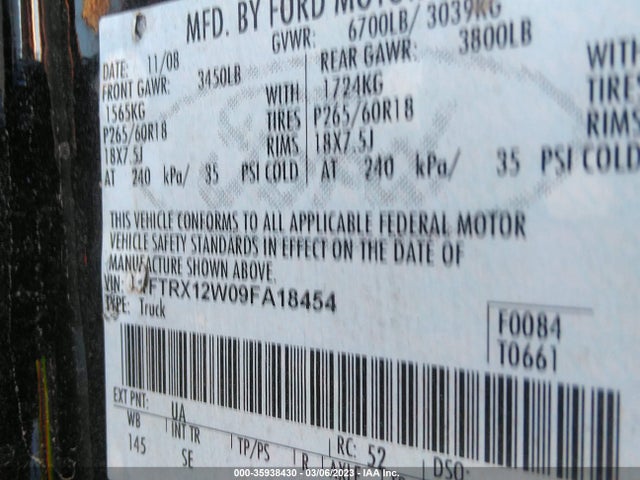 2009 FORD F-150 STX/XL VIN: 1FTRX12W09FA18454