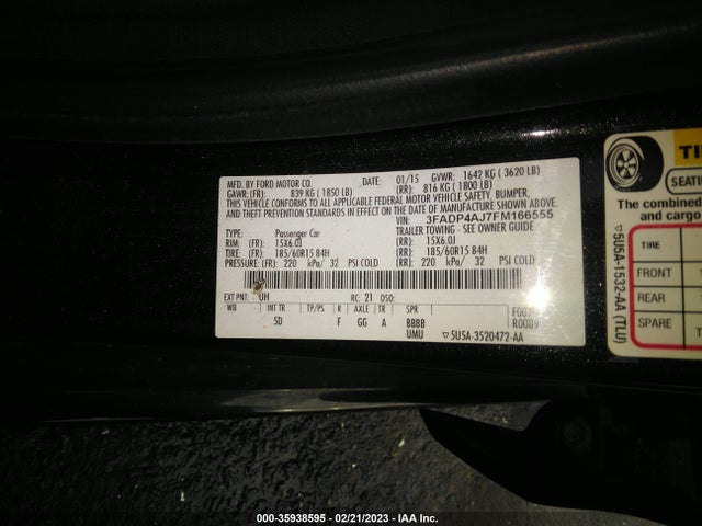 2015 FORD FIESTA S VIN: 3FADP4AJ7FM166555