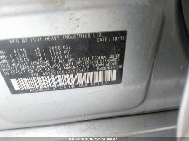 2016 SUBARU LEGACY 2.5I PREMIUM VIN: 4S3BNAC61G3020475