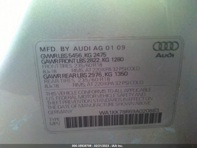 2009 AUDI Q5 PREMIUM PLUS VIN: WA1KK78R69A020883
