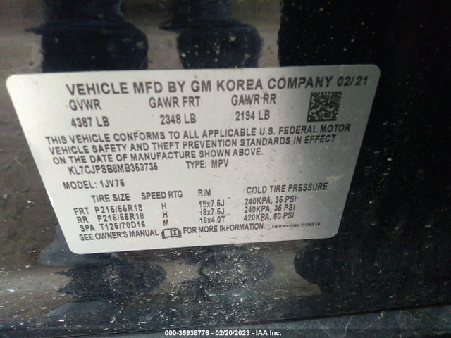 Chevrolet Trax Lt 2021 KL7CJPSB8MB359735 Image 9