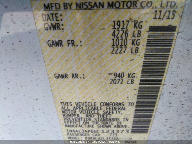 2016 NISSAN ALTIMA 2.5 SR VIN: 1N4AL3AP6GC123373