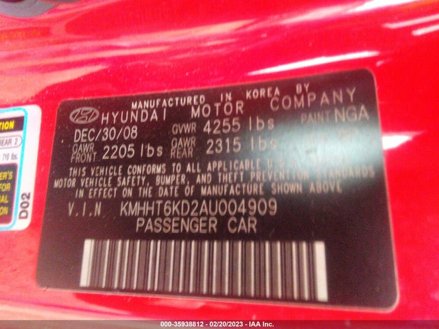 2010 HYUNDAI GENESIS COUPE PREMIUM VIN: KMHHT6KD2AU004909