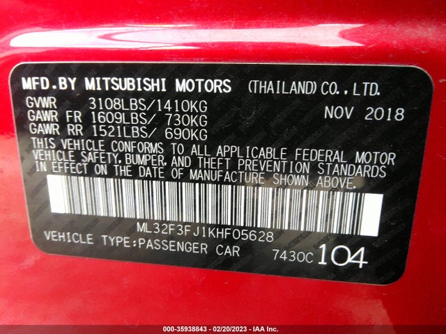 2019 Mitsubishi Mirage, VIN: ML32F3FJ1KHF05628