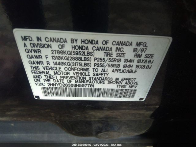 2HNYD28368H507701 Acura Mdx Tech Pkg