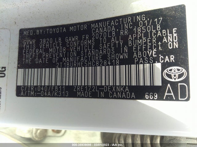 2017 TOYOTA COROLLA L/LE/XLE/SE VIN: 2T1BURHE5HC828418