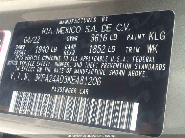 3KPA24AD3NE481206 KIA RIO S