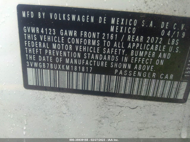 3VWGB7BUXKM181817 Volkswagen Jetta Sel Premium