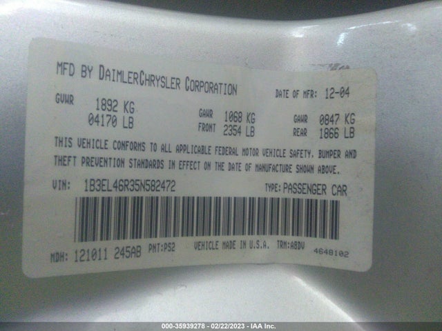 Dodge Stratus Sdn Sxt 2005 1B3EL46R35N582472 Image 10