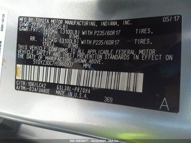 2017 Toyota Sienna, VIN: 5TDYZ3DC7HS860937
