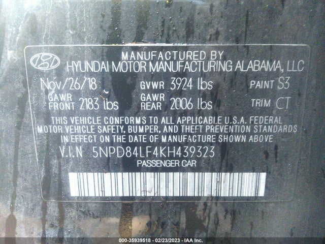 2019 HYUNDAI ELANTRA SEL VIN: 5NPD84LF4KH439323