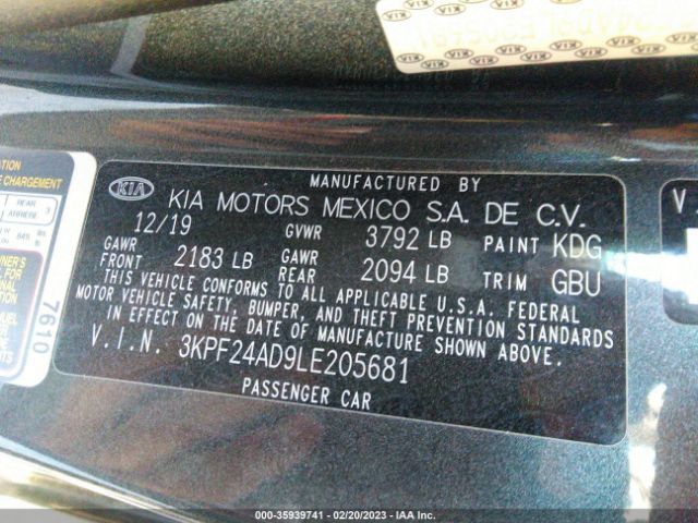 3KPF24AD9LE205681 KIA Forte Lxs