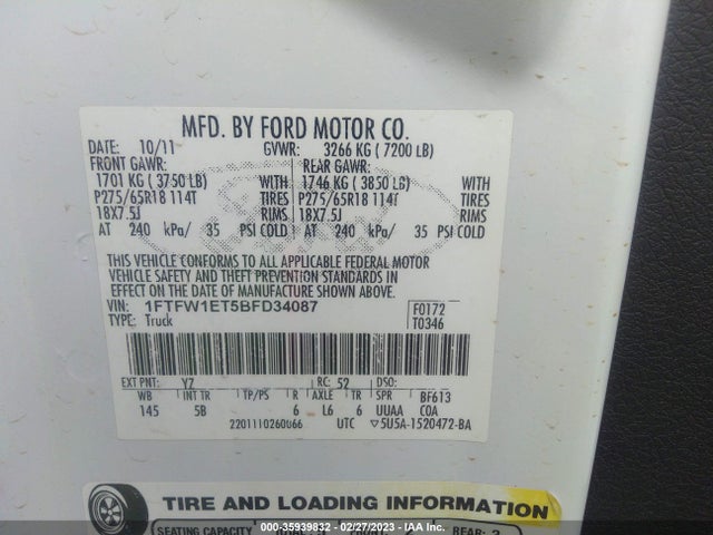 2011 FORD F-150 XLT/FX4/LARIAT VIN: 1FTFW1ET5BFD34087