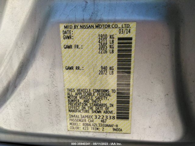 1N4AL3AP6EC322338 Nissan Altima 2.5 Sl