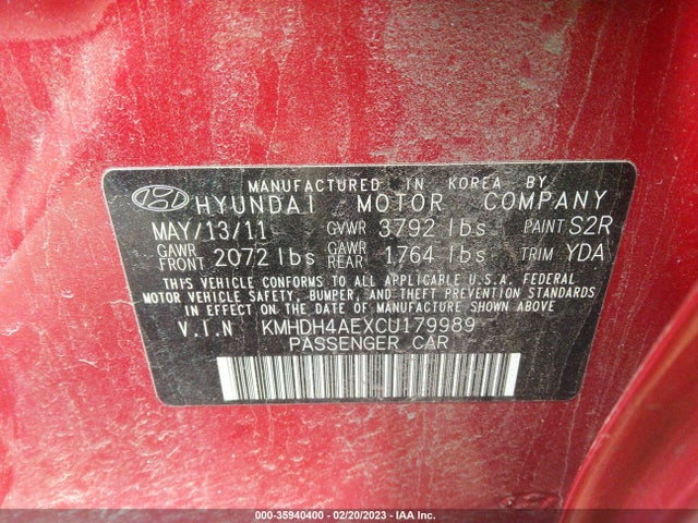 2012 HYUNDAI ELANTRA GLS VIN: KMHDH4AEXCU179989