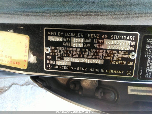 1989 MERCEDES-BENZ 300 TE VIN: WDBEA90DXKF114774