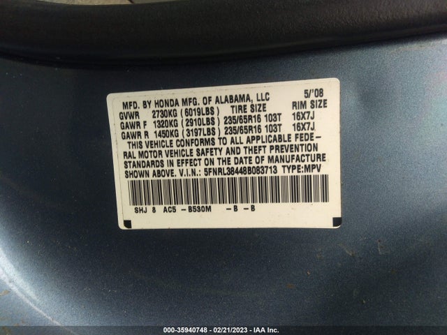 Honda ODYSSEY EX 2008 5FNRL38448B083713 Image 10