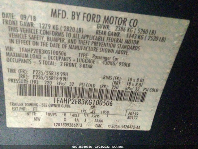 2019 Ford Taurus, VIN: 1FAHP2E83KG100506