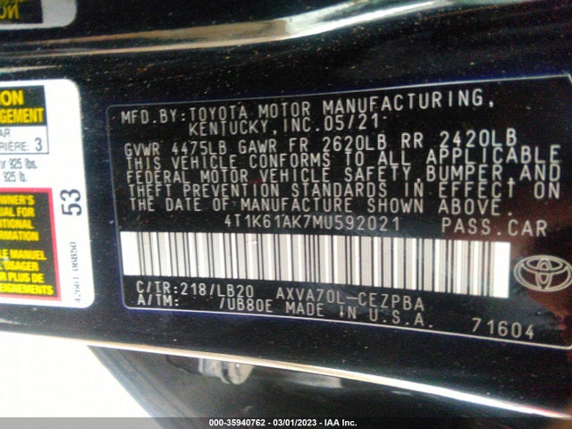 4T1K61AK7MU592021 Toyota a25a-fks
