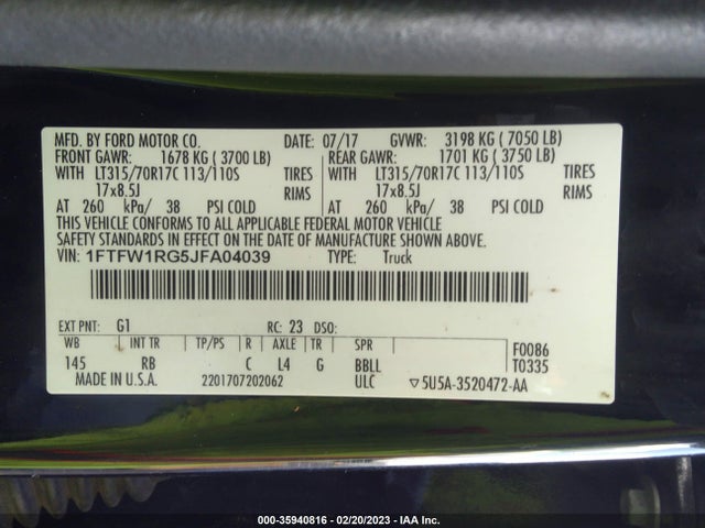 2018 Ford F-150, VIN: 1FTFW1RG5JFA04039