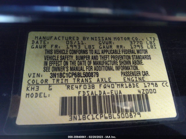 2011 NISSAN VERSA 1.8 S VIN: 3N1BC1CP6BL500879