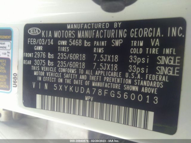 5XYKUDA78FG560013 KIA SORENTO EX