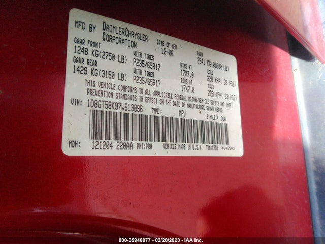 2007 DODGE NITRO SLT VIN: 1D8GT58K97W613896