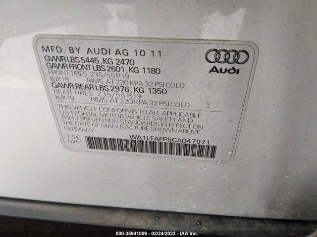 2012 AUDI Q5 2.0T PREMIUM PLUS VIN: WA1LFAFP8CA047971