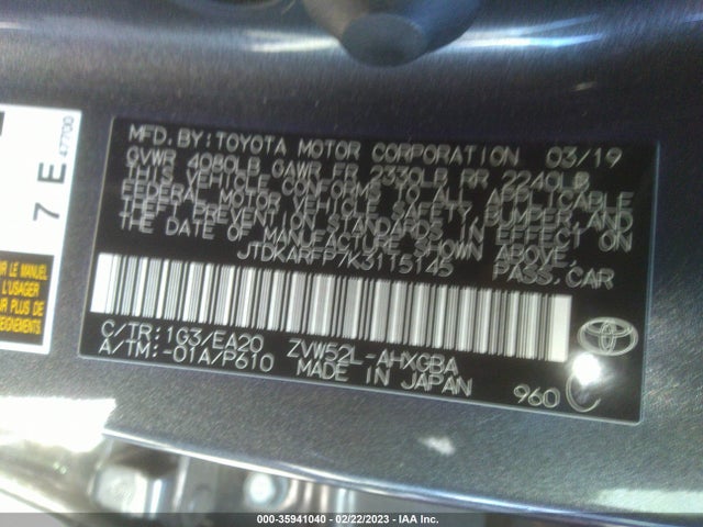 2019 Toyota Prius, VIN: JTDKARFP7K3115145