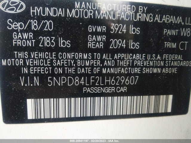 2020 Hyundai Elantra Sel მანქანა იყიდება აუქციონზე, vin: 5NPD84LF2LH629607, აუქციონის ნომერი: 35941197