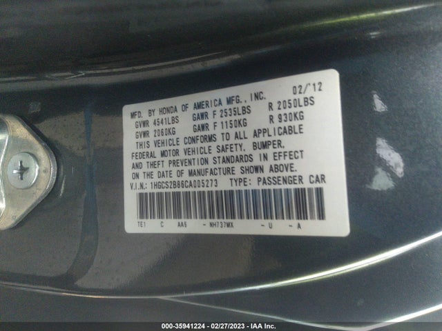 2012 HONDA ACCORD CPE EX-L VIN: 1HGCS2B86CA005273
