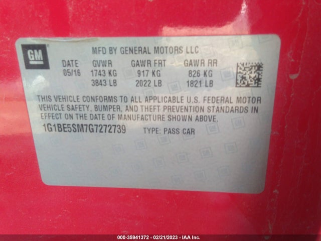 Chevrolet CRUZE LT 2016 1G1BE5SM7G7272739 Image 9
