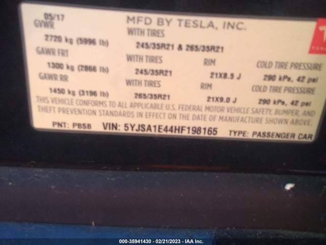 Tesla Model S 100d/90d/75d/60d/p100d 2017 5YJSA1E44HF198165 Image 10