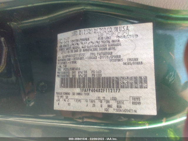 2002 FORD MUSTANG STANDARD/DELUXE/PREMIUM VIN: 1FAFP40482F112177